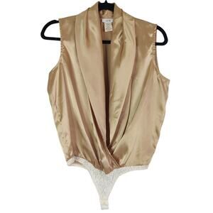Vintage 90s Cache Gold Satin Draped Neck Sleeveless Plunge Bodysuit 4 Disco Glam